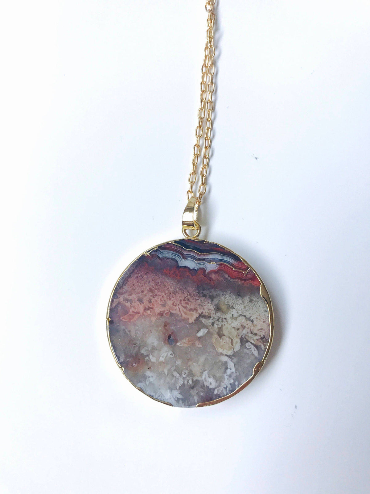 Red Mexican Fire Agate Stone Slice Pendant 24K Gold Necklace