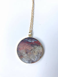 Red Mexican Fire Agate Stone Slice Pendant 24K Gold Necklace