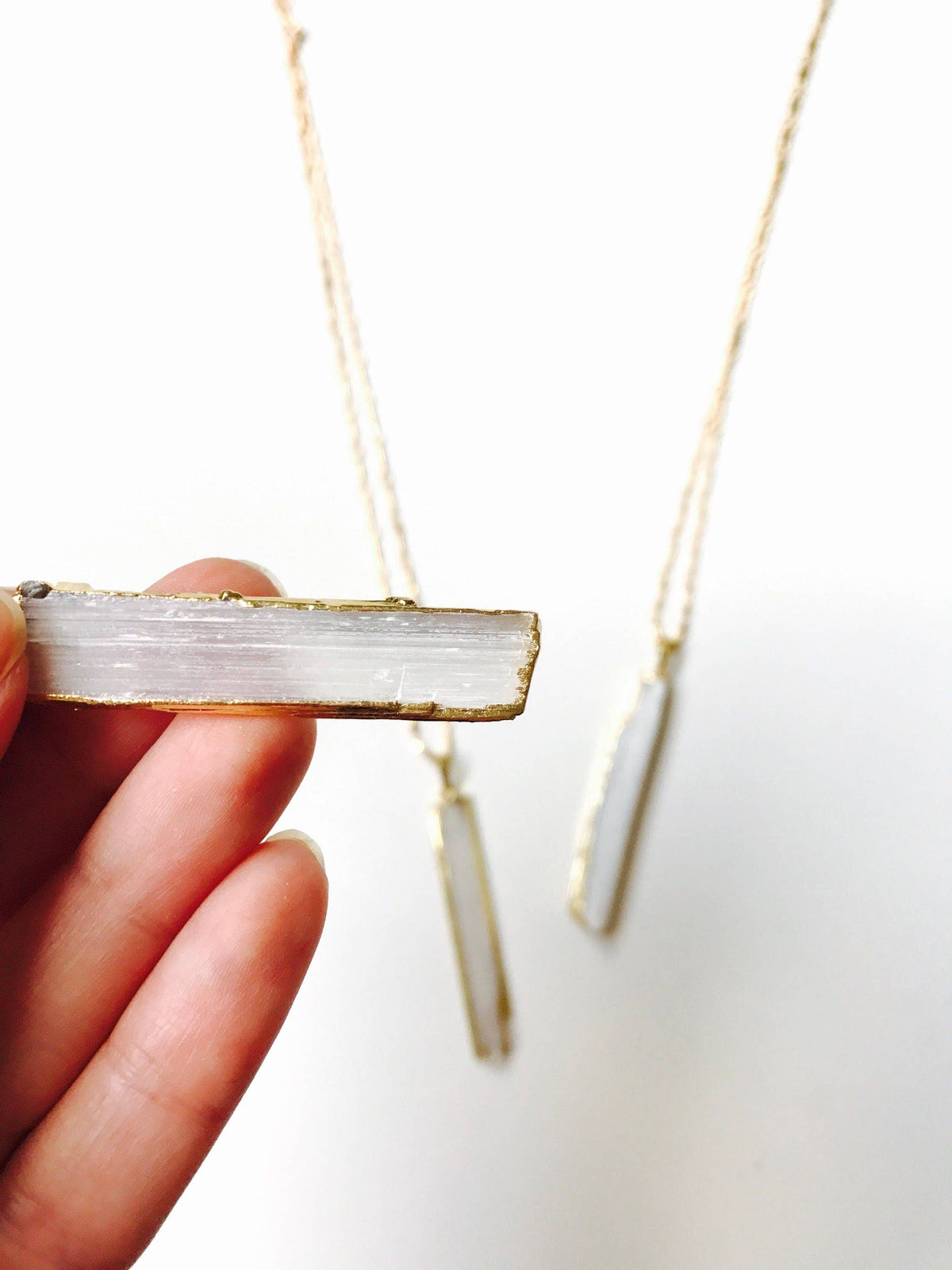 Selenite Stick Crystal Pendant Bar Necklace, 18K Gold