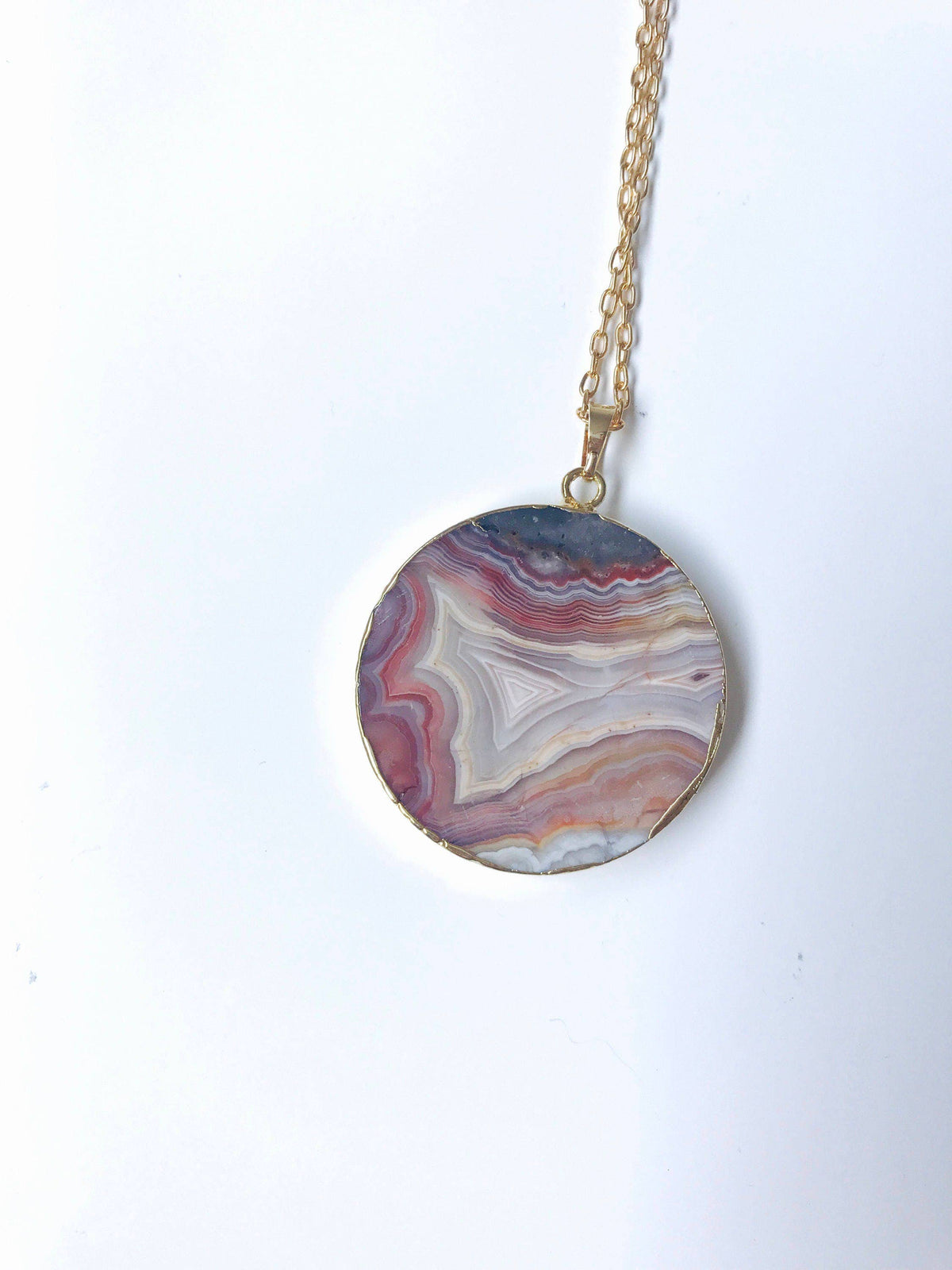 Red Mexican Fire Agate Stone Slice Pendant 24K Gold Necklace