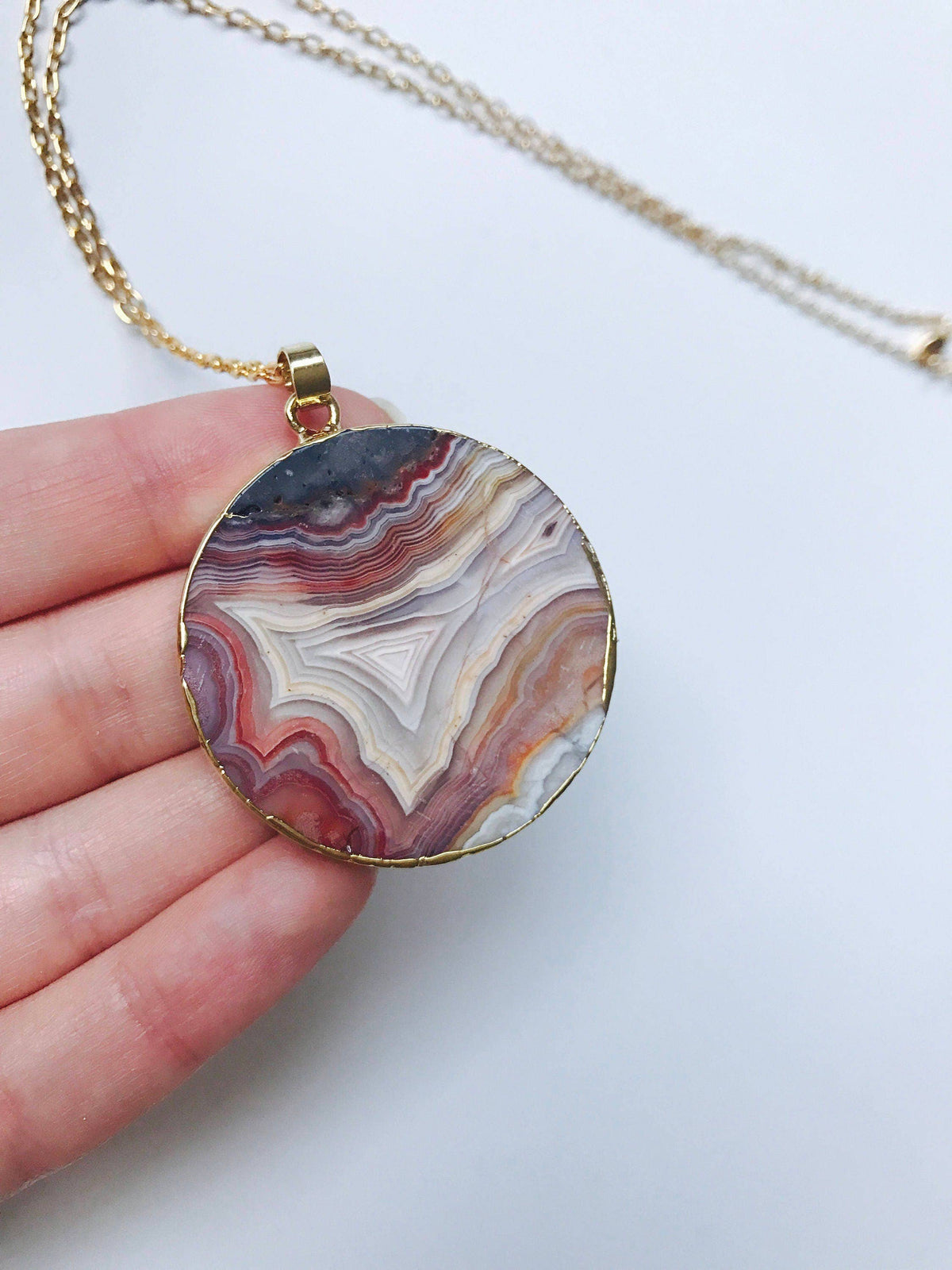 Red Mexican Fire Agate Stone Slice Pendant 24K Gold Necklace