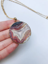 Red Mexican Fire Agate Stone Slice Pendant 24K Gold Necklace