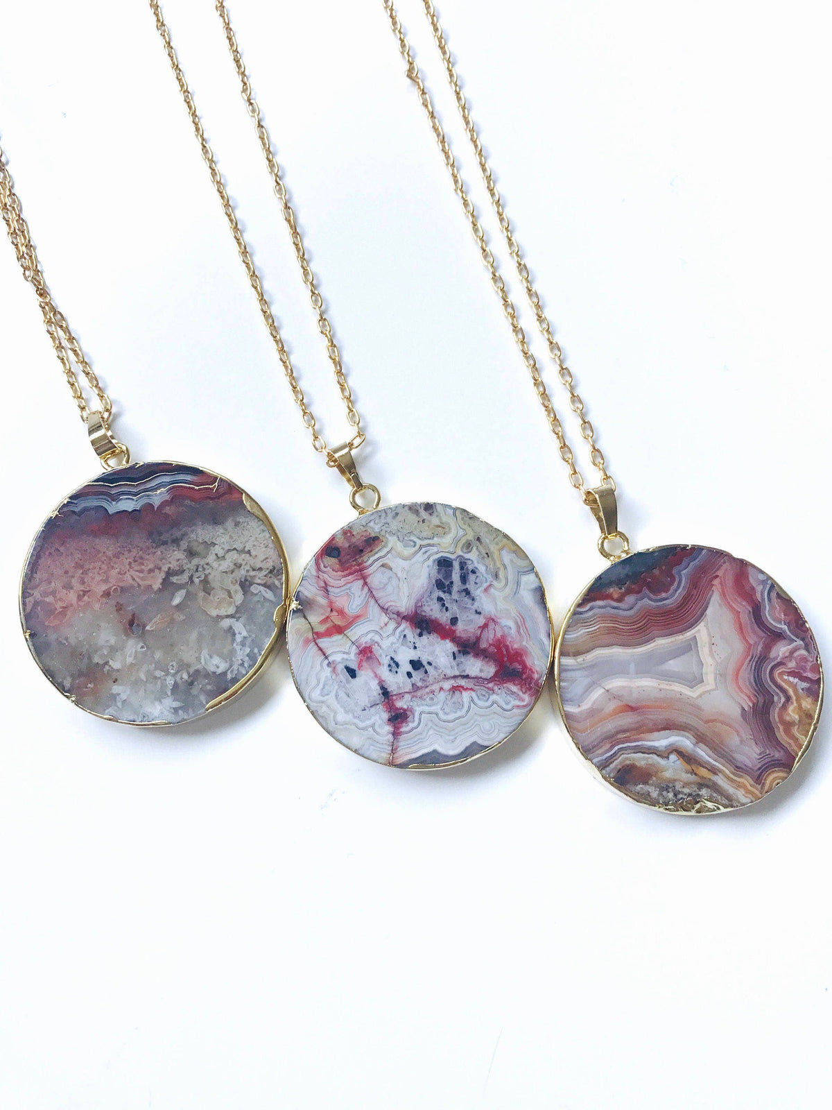 Red Mexican Fire Agate Stone Slice Pendant 24K Gold Necklace