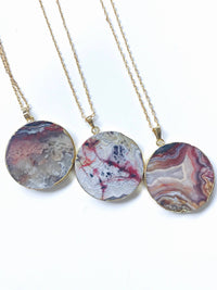 Red Mexican Fire Agate Stone Slice Pendant 24K Gold Necklace