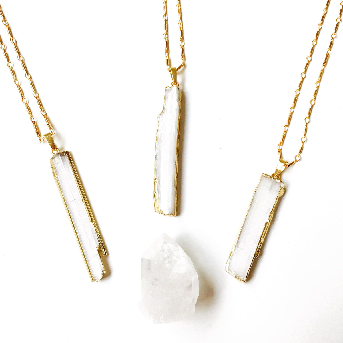 Selenite Stick Crystal Pendant Bar Necklace, 18K Gold
