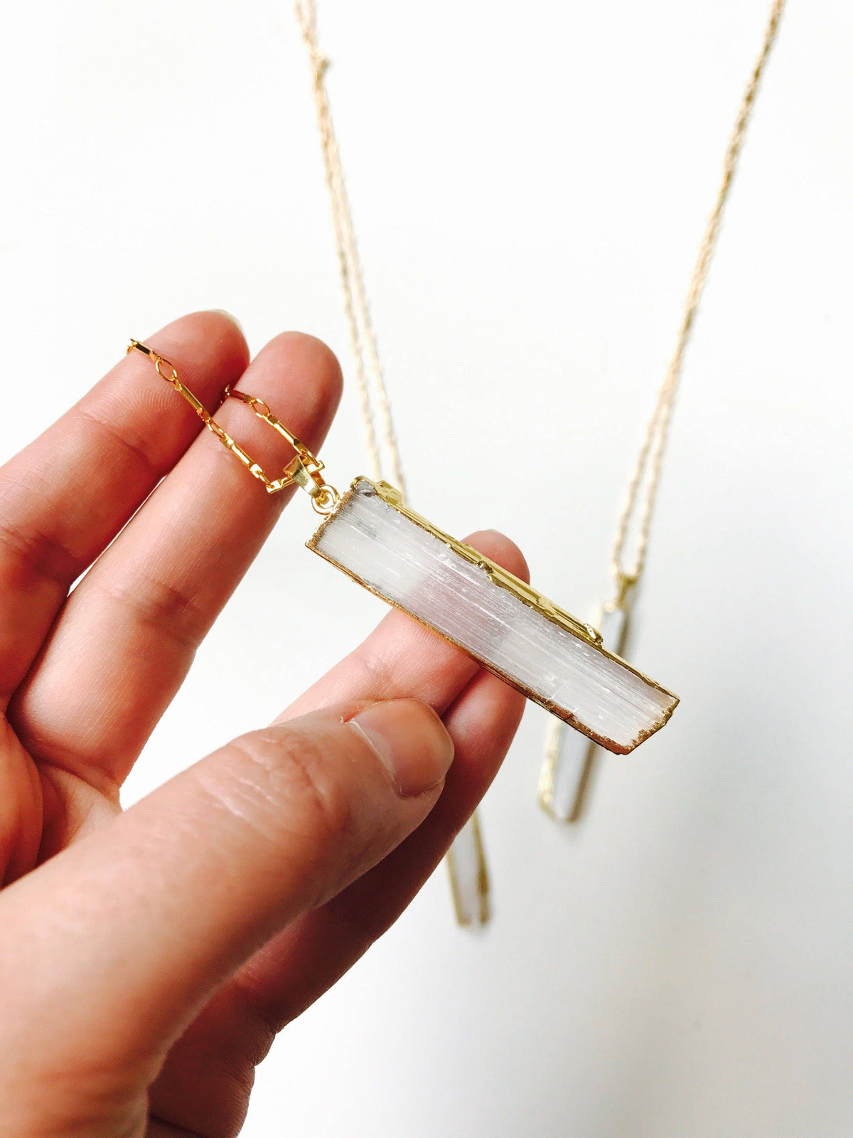 Selenite Stick Crystal Pendant Bar Necklace, 18K Gold