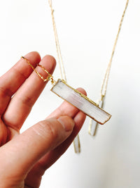 Selenite Stick Crystal Pendant Bar Necklace, 18K Gold