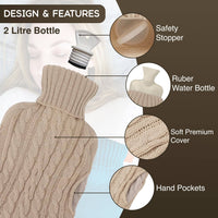 Generise 'EXTRA WARMTH' 2 Litre Hot Water Bottle with Knitted Cover and POCKETS