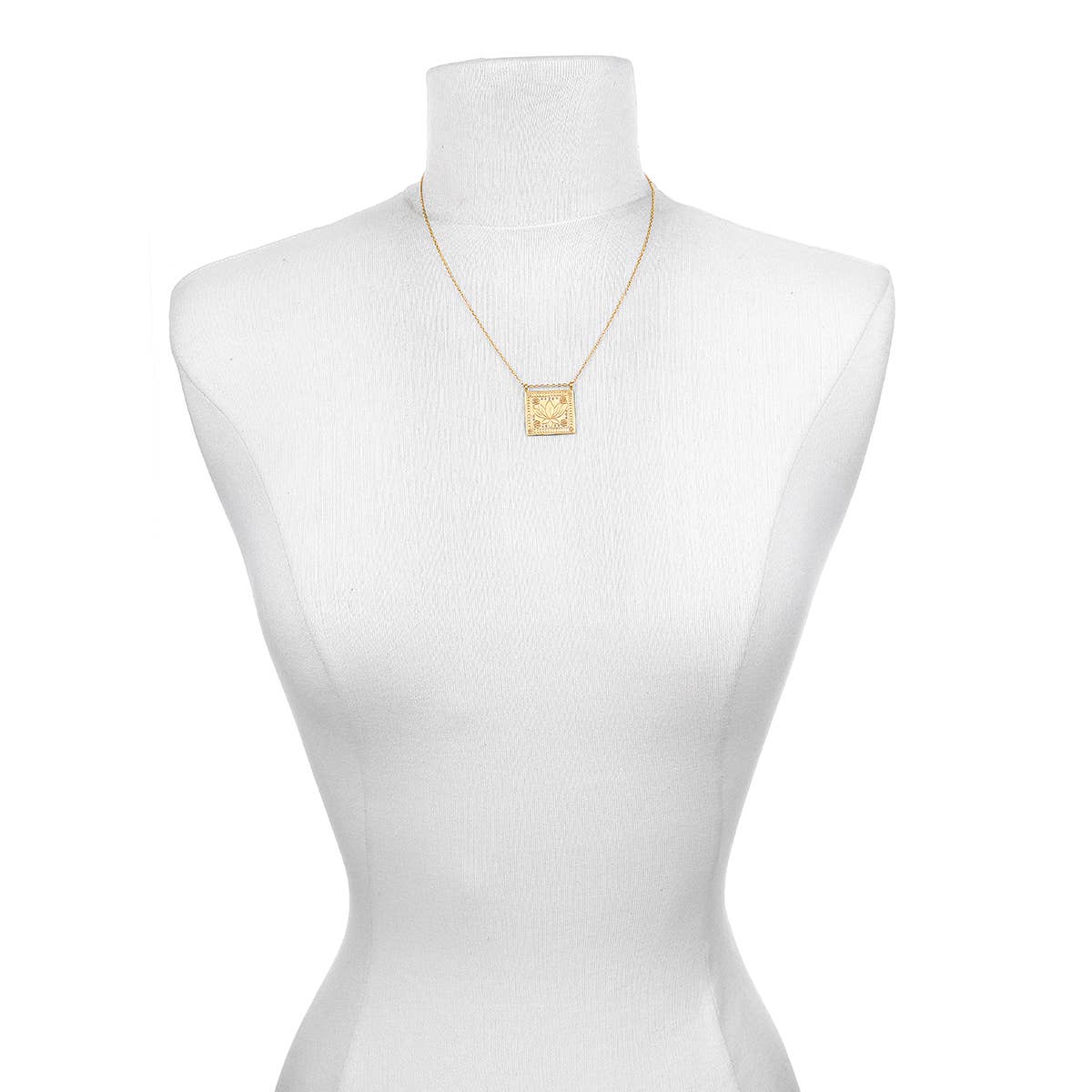 Gold Rectangle Lotus Pendant Necklace