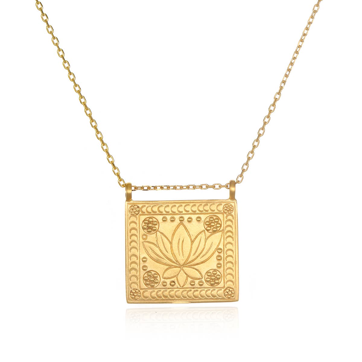 Gold Rectangle Lotus Pendant Necklace