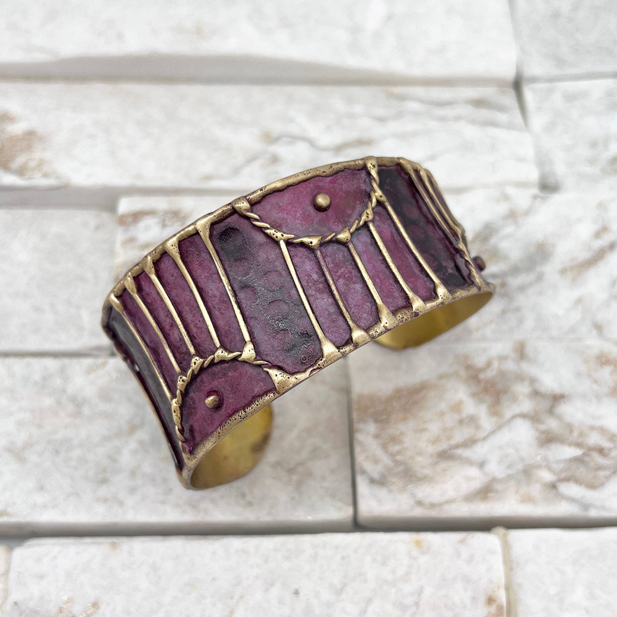 Brass Patina Cuff Bracelet - Plum Arched Lines