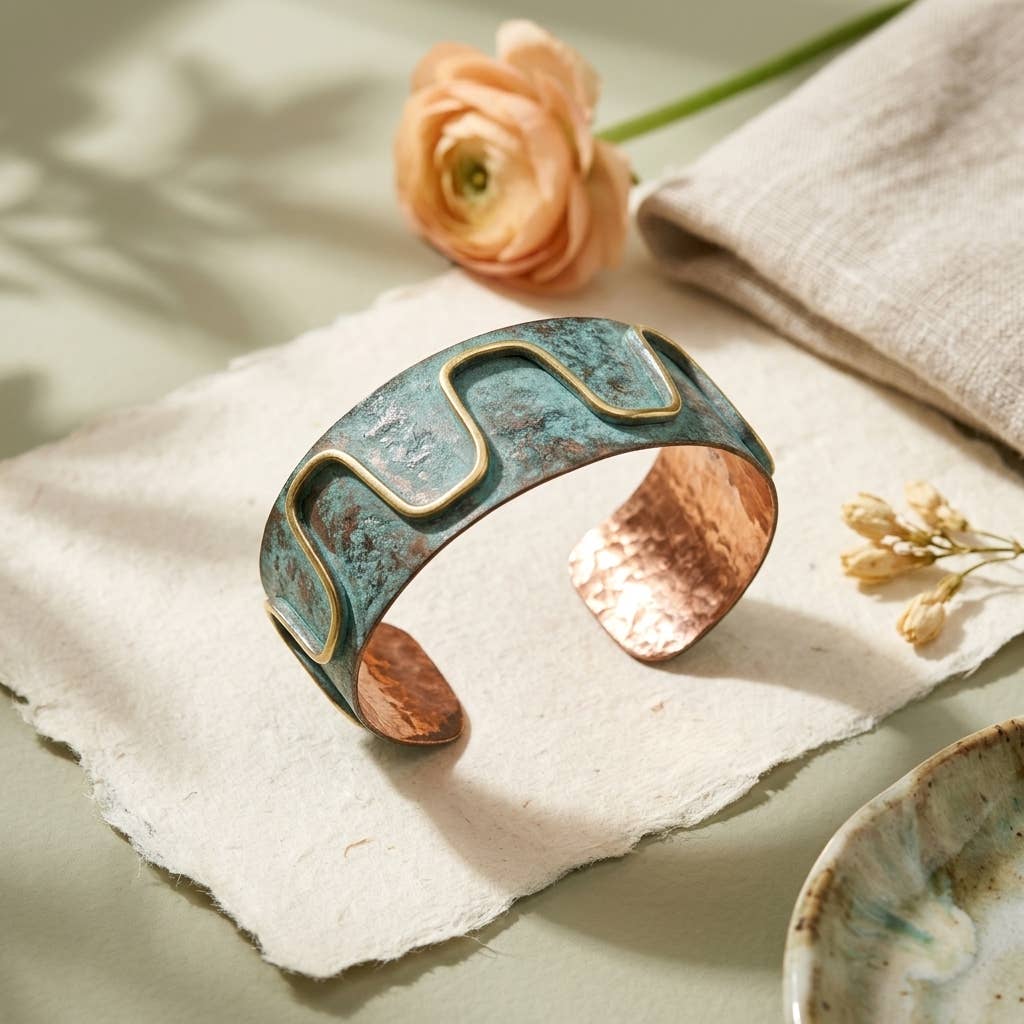 Handcrafted Rustic Copper Patina Bracelet Oxidized Blue Wave
