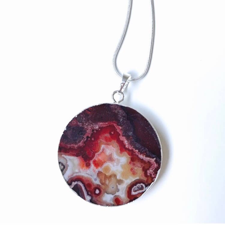 Red Mexican Fire Agate Stone Sterling Silver 925 Necklace